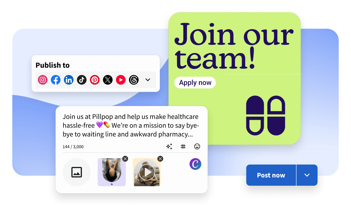 Social media scheduling tool showing a Pillpop job post draft with "Join our team!" graphic and multi-platform publish options.