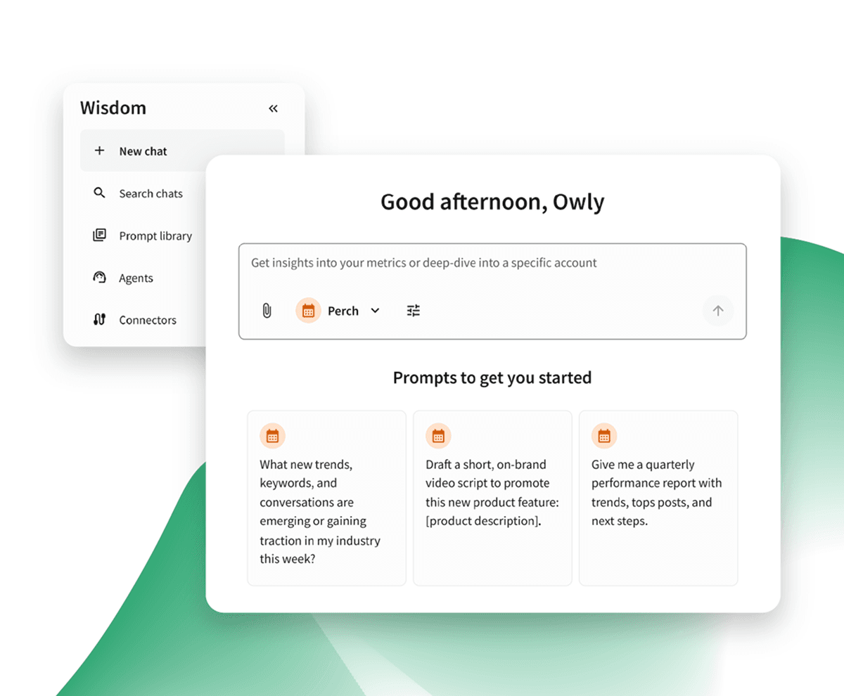 AI chat interface called Wisdom showing a greeting, prompt input field, and three suggested starter prompts on a white card.