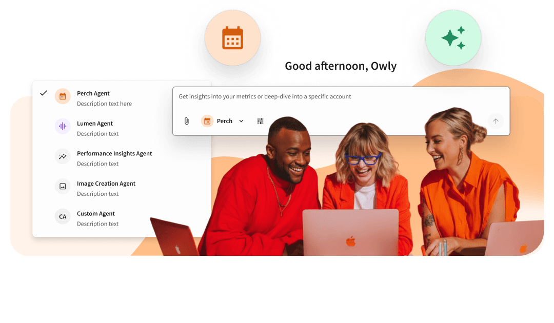 Three smiling people in orange outfits collaborate on laptops, overlaid with a software UI showing AI agent options.