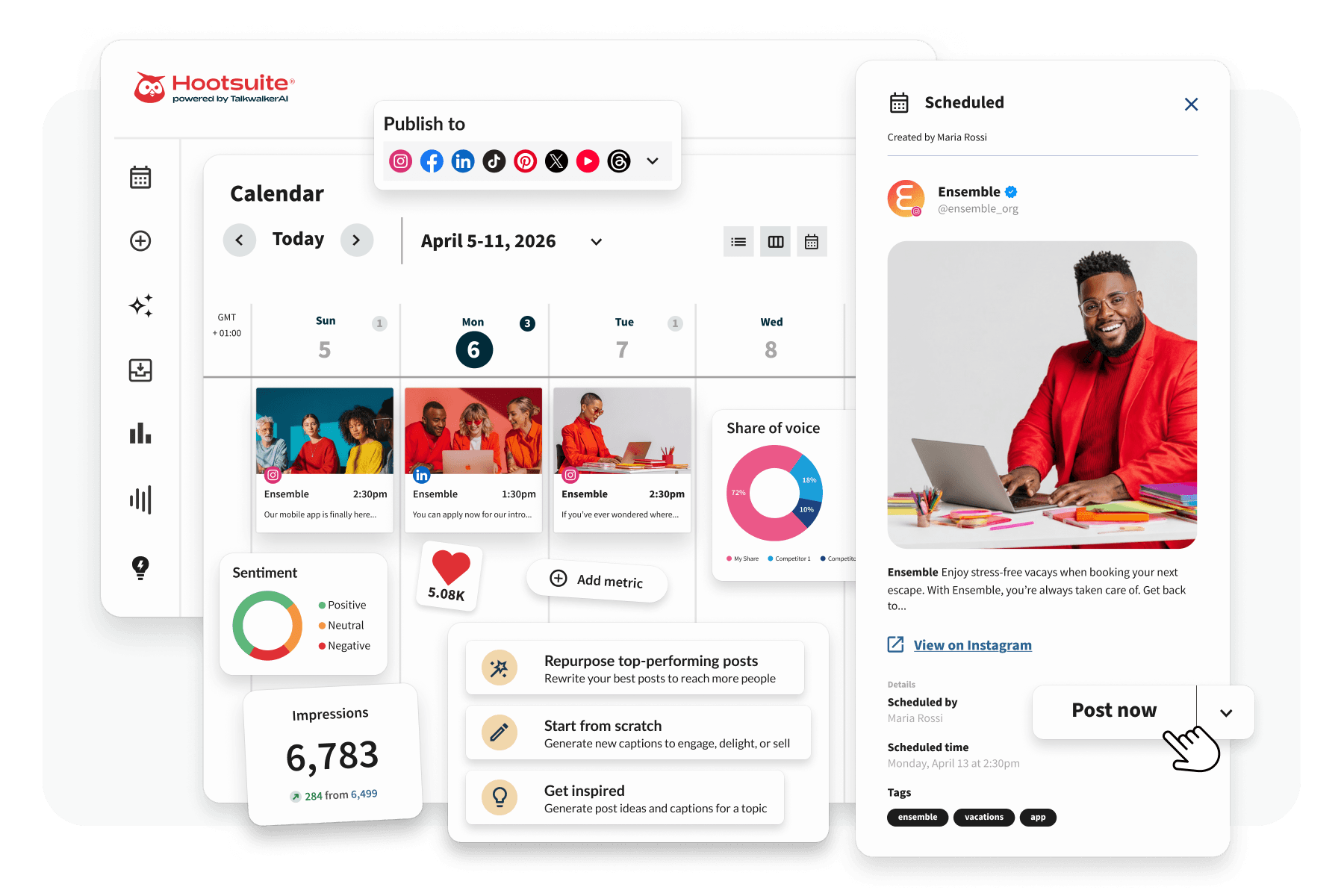 Hootsuite dashboard showing a social media calendar, analytics metrics, sentiment data, and a scheduled Instagram post preview.
